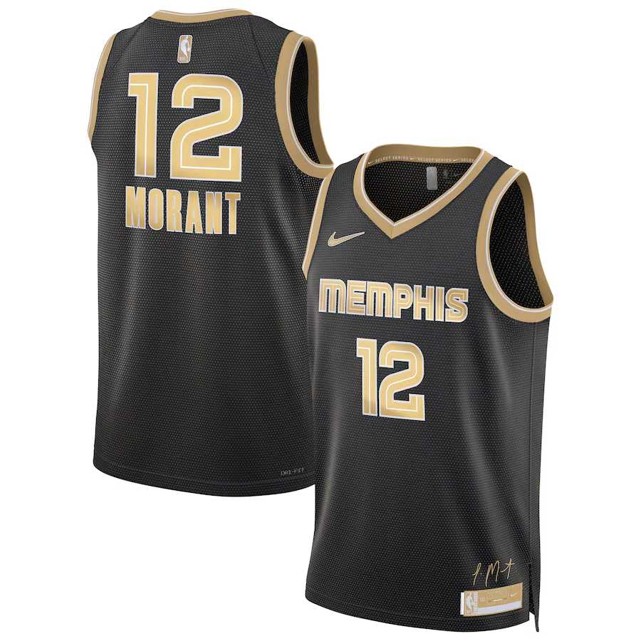 Men%27s Memphis Grizzlies #12 Ja Morant Black Gold 2024 Select Series Stitched Jersey Dzhi